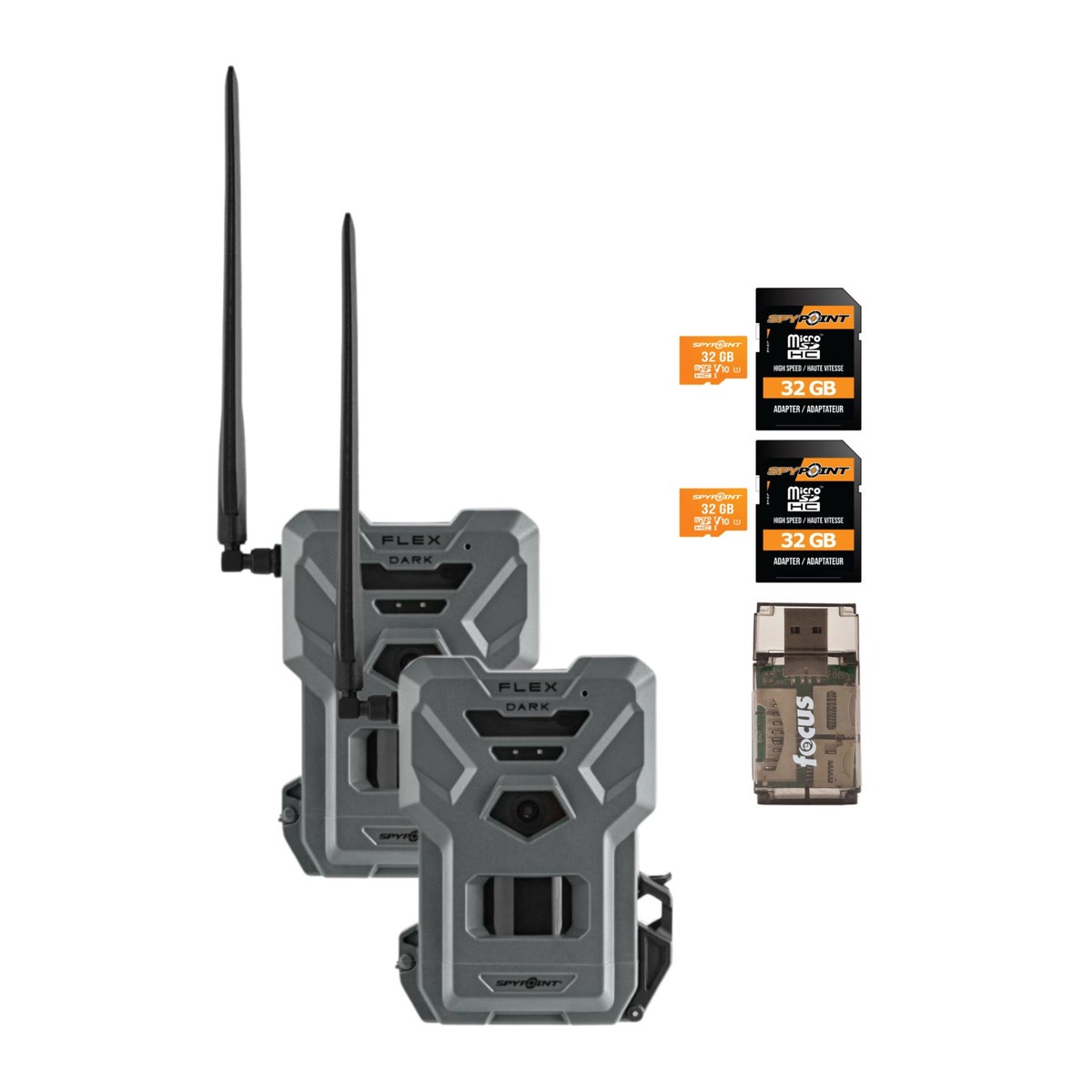 SPYPOINT FLEX DARK Cellular Trail Camera No WiFi Needed 32GB Memory Card and Card Reader 2 Pack