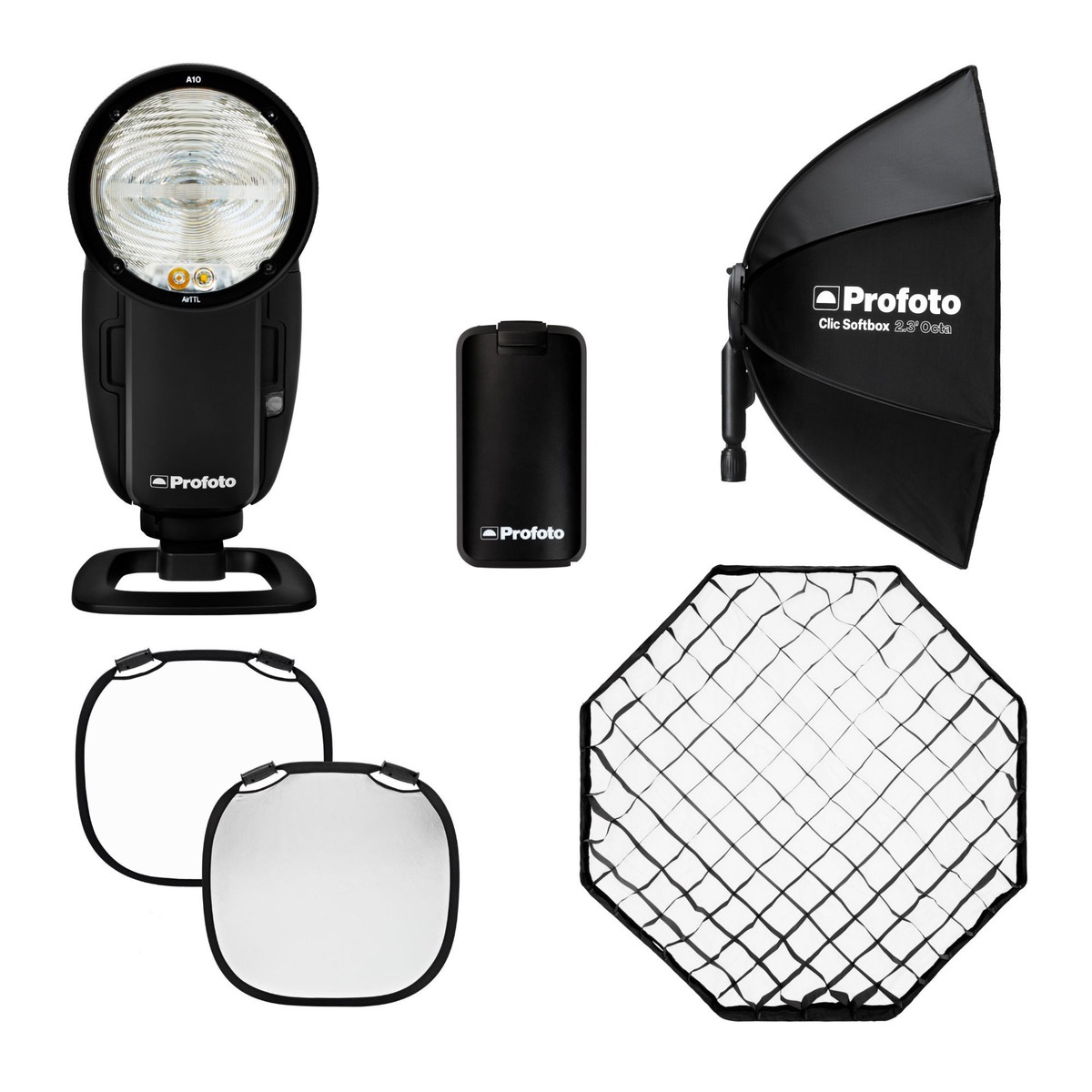 Profoto A10 Sony On-Camera Flash Light with Clic Softbox 2.3 Octa and Clic Softgrid 2.3 Octa Bundle