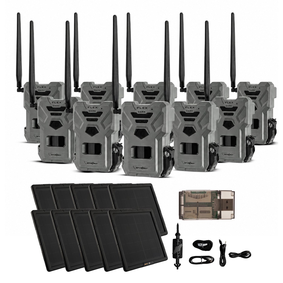 Spypoint FLEX DARK 40MP Cellular Gray Trail Camera (10-Pack) Bundle with Solar Panels & Card Reader