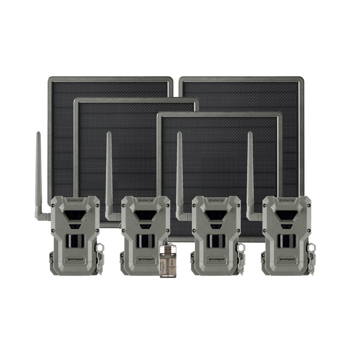Spypoint FLEX-M2 32MP Trail Camera 4-Pack Bundle with Four Solar Panels and Card Reader (9 Items)