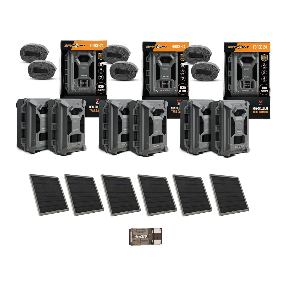 Spypoint Force-24 24MP 2K Video Trail Camera (6-Pack) Bundle with Solar Panels and Card Reader