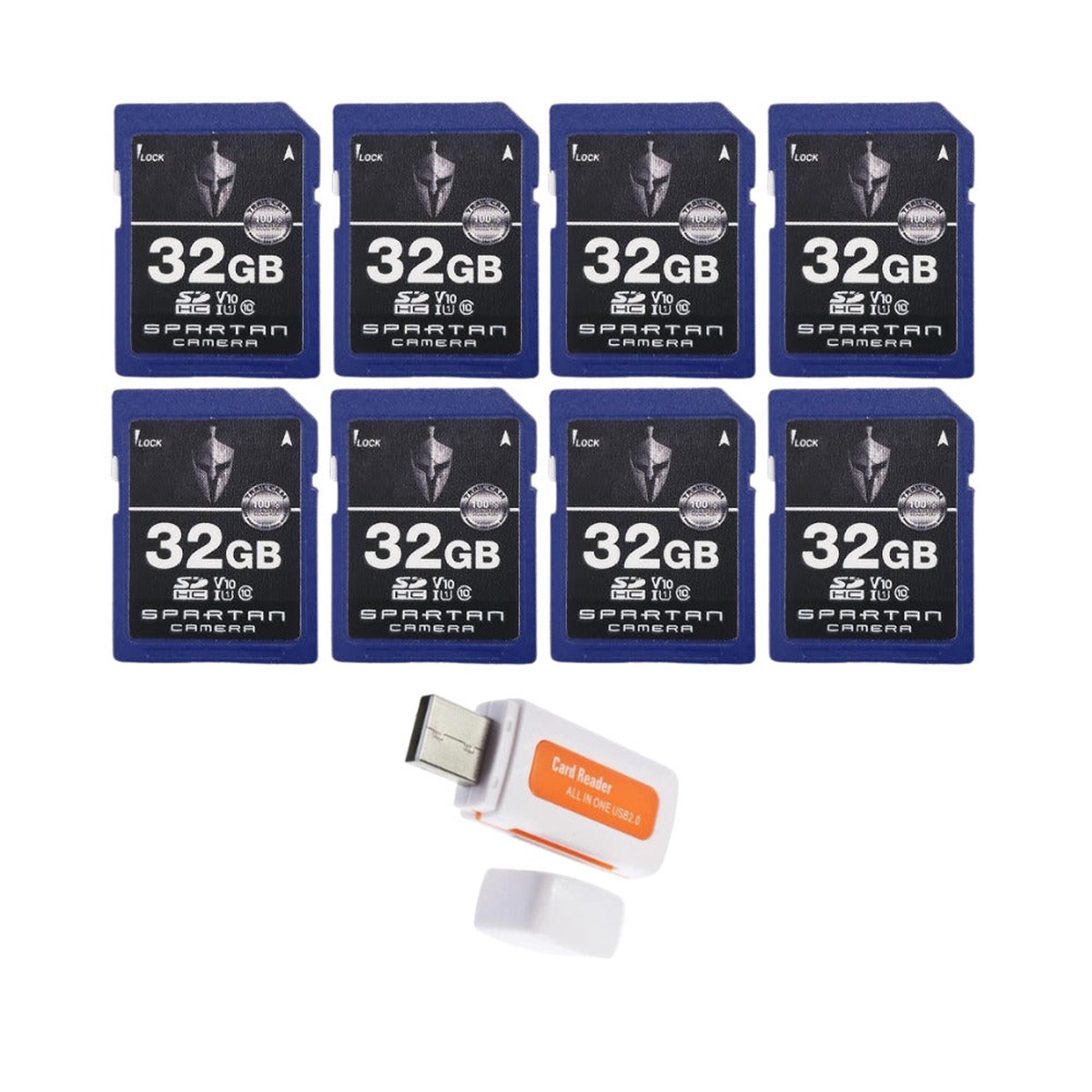 Spartan 32GB Class 10 SD Card (8-Pack) with Micro SD Reader and Writer Bundle