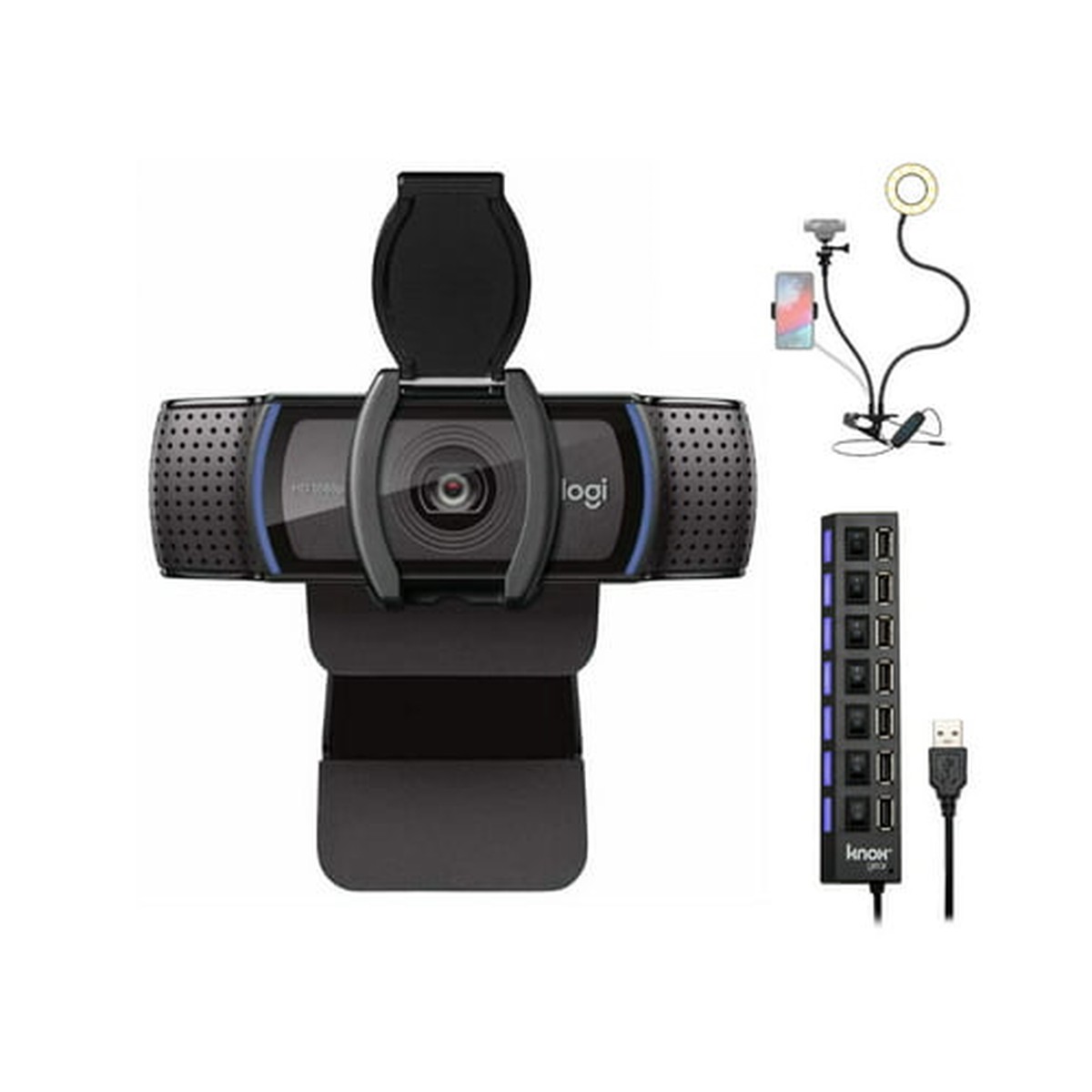 Logitech C920S Pro HD Webcam Bundle with USB Hub and Ring Light Bundle